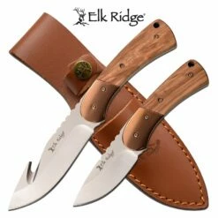 Elk Ridge Fixed Blade Hunting Knife Set Natural Pakkawood Handle