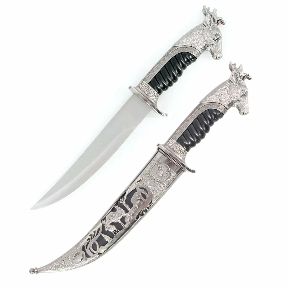 Antique Silver Dear Collectors Dagger Fixed Blade Hunting Knife With Scabbard 3 Antique Silver Dear Collectors Dagger Fixed Blade Hunting Knife With Scabbard