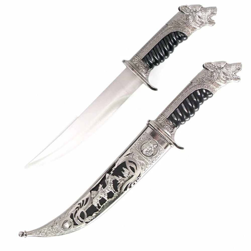Antique Silver Wolf Collectors Dagger Fixed Blade Hunting Knife With Scabbard 3 Antique Silver Wolf Collectors Dagger Fixed Blade Hunting Knife With Scabbard