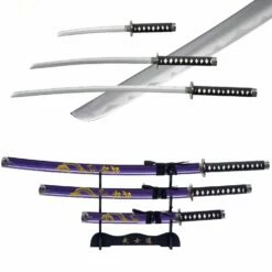 3pc Blue Dragon Japanese Katana Samurai Sword Set Carbon Steel Blade Bushido Stand