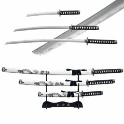 3pc White Dragon Japanese Katana Samurai Sword Set Carbon Steel Blade Bushido Stand