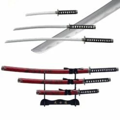 3pc Red Dragon Japanese Katana Samurai Sword Set Carbon Steel Blade Bushido Stand