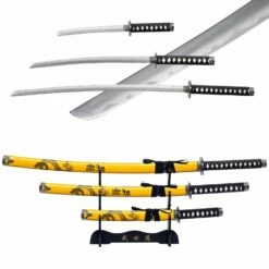 3pc Yellow Dragon Japanese Katana Samurai Sword Set Carbon Steel Blade Bushido Stand
