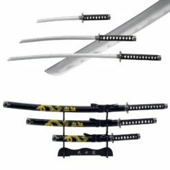 3pc Dragon Japanese Katana Samurai Sword Set Carbon Steel Blade Bushido Stand