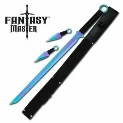 28" Ninja Sword With 6" Kunai Throwers Set - Titanium Rainbow