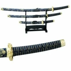 3 Piece Blue Samurai Sword Set With Stand