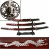3 Piece Samurai Sword Set Burgundy Color - Dragon Design -KNIFE IMPORT Sales JS697R