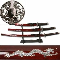 3 Piece Samurai Sword Set Burgundy Color - Dragon Design