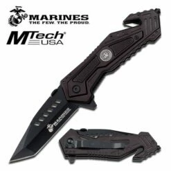 Marines Mtech Tactical Spring Assisted Folding Knife - Black Handle With Medallion