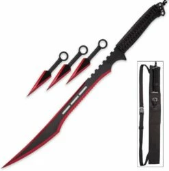 Red Ninja Sword Full Tang Machete Tactical Blade 3 Pcs Kunai Throwing Knife Set