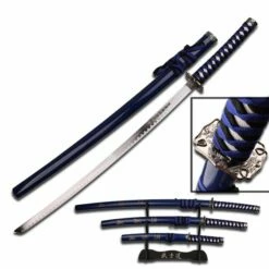 3 Piece Dragon Samurai Katana Sword Set - Blue And Black