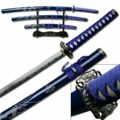 3 Piece Samurai Sword Set - Blue Carved Dragon On Scabbard