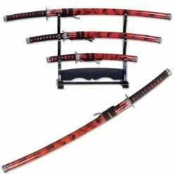 3 Piece Burgundy Lacquer Finished Japanese Katana Sword Set