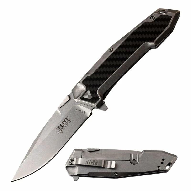 Elite Tactical 8.35 Inch Manual Folding Pocket Knife Black Silver Stonewash 3 Elite Tactical 8.35 Inch Manual Folding Pocket Knife Black Silver Stonewash